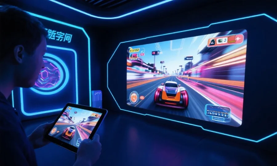 数字化娱乐空间中，用户通过平板或手机参与极速赛车虚拟互动，画面充满动感与科技感